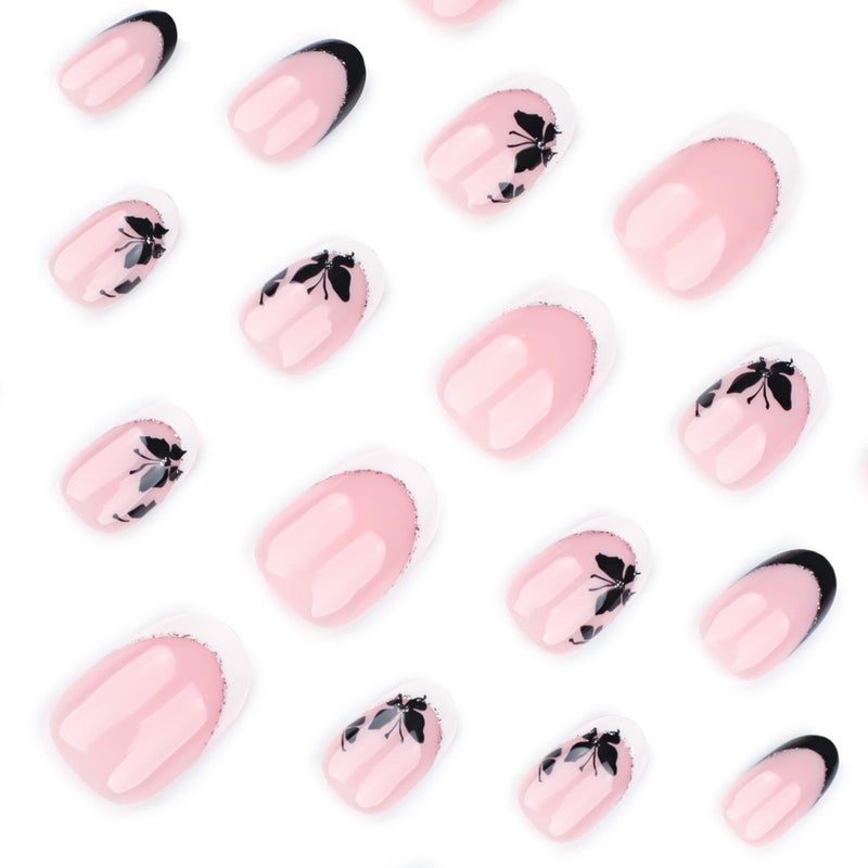 OCOUYVD French Tip Press on Nails Short Oval Fake Nails with White Black Butterfly Design Almond False Nails Sparkling Tips Glue on Nails Acrylic Artificial Stick on Nails Kit for Women Girls 24Pcs - Image 3